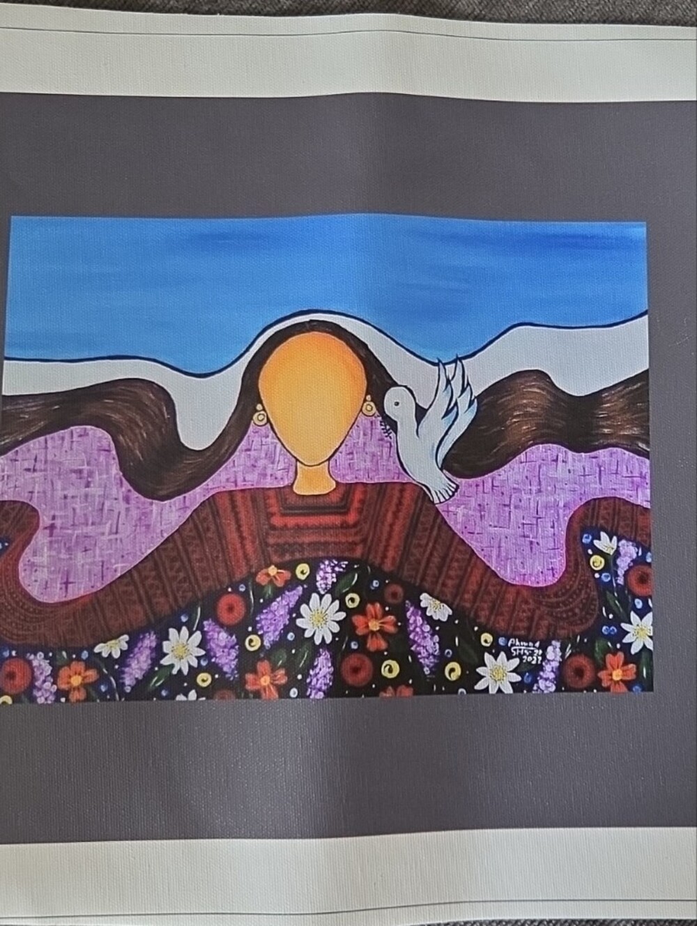 Colorful Abstract Floral and Dove Art Print - Pink, Blue, Brown